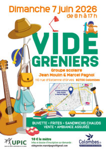 Affiche du vide-grenier Marcel Pagnol - Jean Moulin, soutenu par la Ville de Colombes