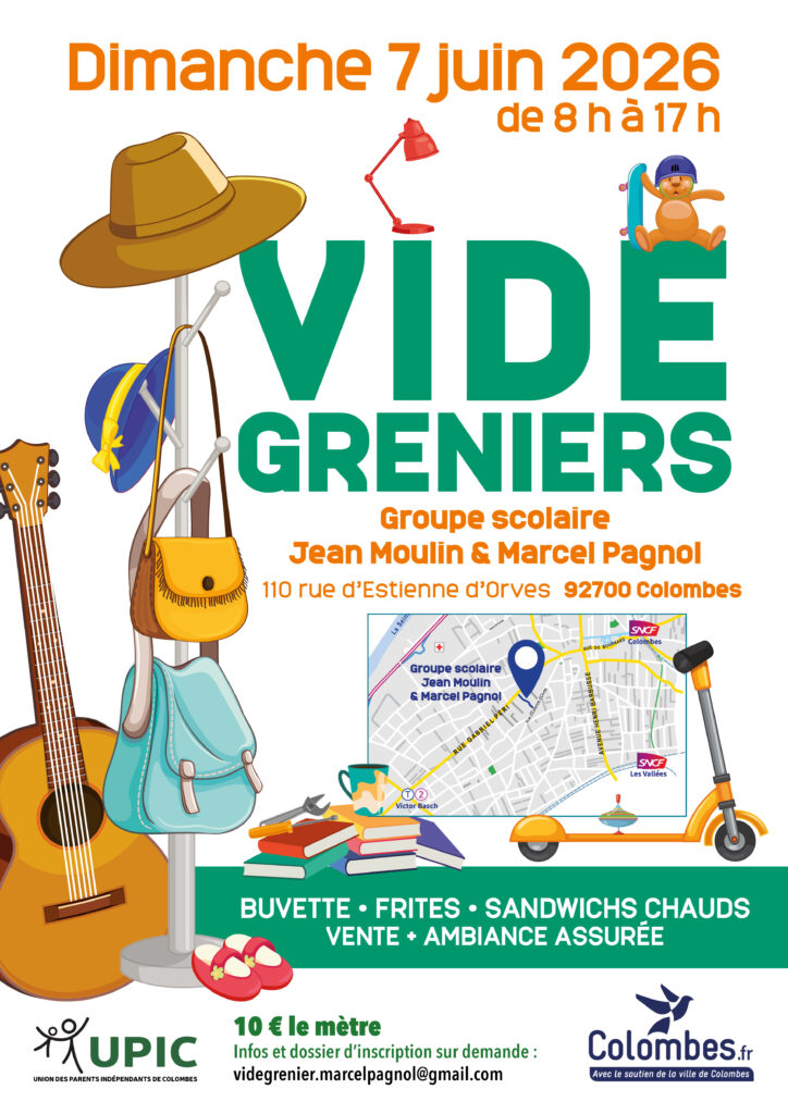 Affiche du vide-grenier Marcel Pagnol - Jean Moulin, soutenu par la Ville de Colombes